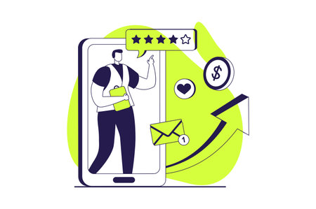 Marketing web concept with flat people for website design. Man making promo mailing, attracting audience online, making posts with advertising links, increasing client growth. Vector illustration.のイラスト素材