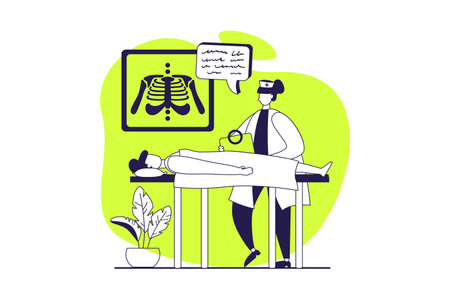 Medical clinic web concept with flat people for website design. Doctor making diagnosis with x-ray, analyzing scan, doing prescription and treatment to patient rehabilitation. Vector illustration.のイラスト素材