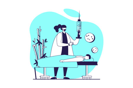 Medical clinic web concept with flat people for website design. Doctor making vaccination with syringe, doing prevention treatment procedure to patient diseases protection. Vector illustration.のイラスト素材