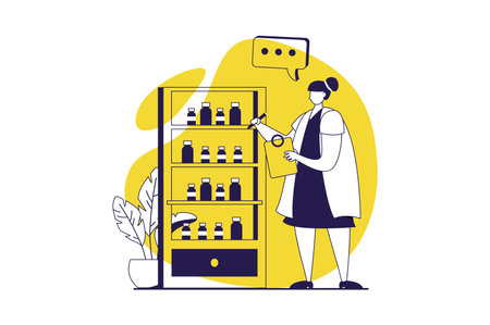 Medical clinic web concept with flat people for website design. Woman working in pharmacy, checking prescriptions to drugs and antibiotics and selling medicines from shelves. Vector illustration.のイラスト素材