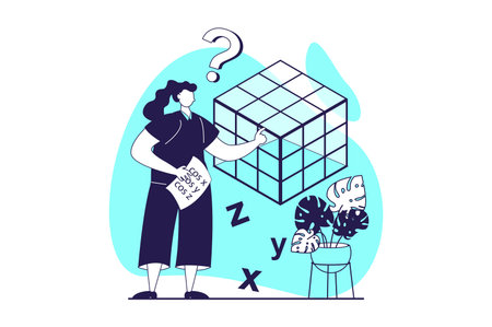 Mental mindset types web concept with flat people for website design. Woman with analytical, structural and mathematical mind solving problem and logical puzzle, doing research. Vector illustration.のイラスト素材