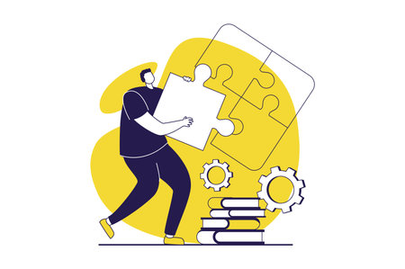 Mental mindset types web concept with flat people for website design. Man with analytical and logical mind solving structural problems and puzzle, thinking, brainstorming ideas. Vector illustration.のイラスト素材