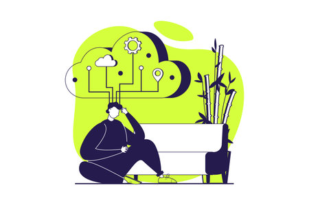 Mental mindset types web concept with flat people for website design. Man with analytical and logical mind thinking and solving structural problems with connection systems. Vector illustration.のイラスト素材
