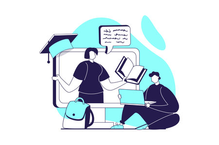Online education web concept with flat people for website design. Student learning distalty at laptop, watching video seminar with teacher, making notes and gets information. Vector illustration.のイラスト素材