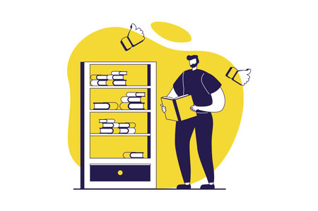 People reading book web concept with flat people for website design. Man reads literature while standing by bookshelf, bookworm pastime with different texts, choosing in bookshop. Vector illustration.のイラスト素材