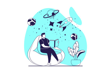People reading book web concept with flat people for website design. Boy reads literature about cosmic space and astronomy while sitting in armchair, bookworm enjoying hobby. Vector illustration.のイラスト素材