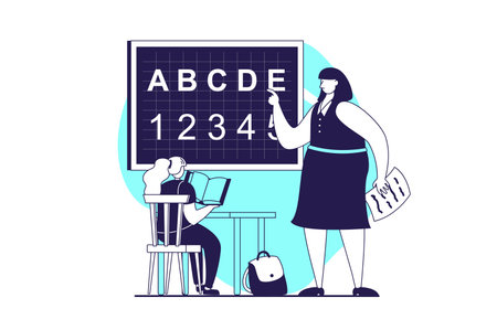 School teachers web concept with flat people for website design. Woman works in school, teaching pupil at lessons in class, explaining alphabet and elementary math to schoolgirl. Vector illustration.のイラスト素材
