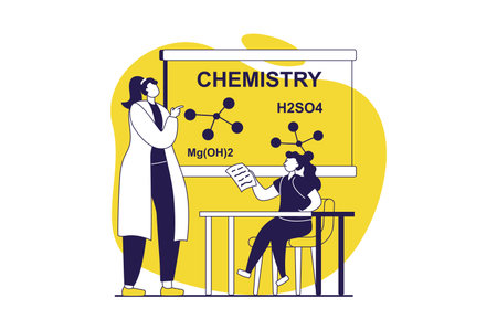 School teachers web concept with flat people for website design. Woman works in school, teaching pupil at lessons in class, explaining chemistry to schoolgirl at science seminar. Vector illustration.のイラスト素材