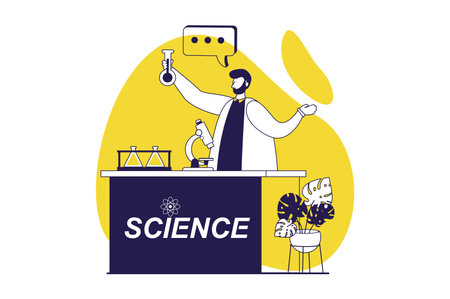 Science laboratory web concept with flat people for website design. Man making scientific research, learning biochemistry or chemistry, doing test in flask, tubes and glasses. Vector illustration.のイラスト素材