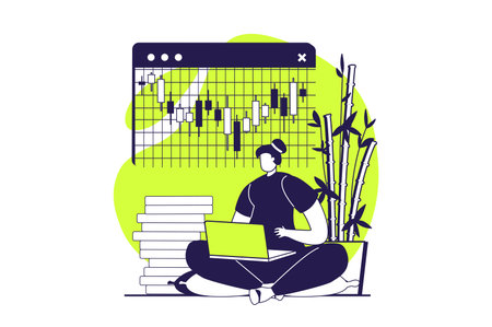Stock market web concept with flat people for website design. Woman trading and investing money, analyzing and forecasting trends, creating success strategy for buy and sell. Vector illustration.のイラスト素材