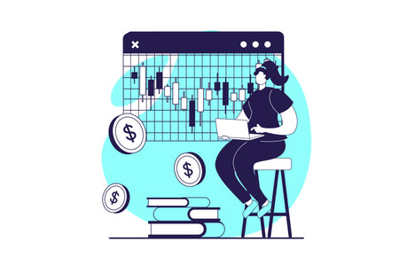 Stock market web concept with flat people for website design. Woman trading and investing money, analyzing trends with bar charts, creating success strategy and earning coins. Vector illustration.のイラスト素材