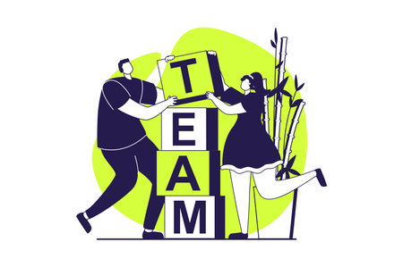 Teamwork web concept with flat people for website design. Woman and man brainstorming and constructing blocks, generating ideas, collaborating and finding solutions for project. Vector illustration.のイラスト素材