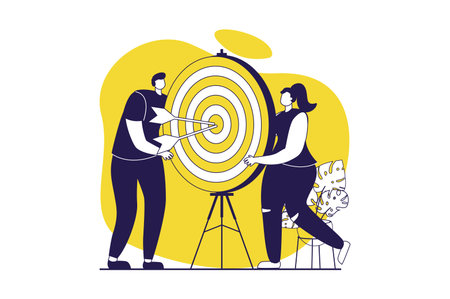 Teamwork web concept with flat people for website design. Businesswoman and businessman working in team, brainstorming and trageting, achiving goals, developing startup project. Vector illustration.のイラスト素材