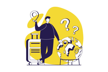 Travelling web concept with flat people for website design. Man with suitcase planning summer vacation or business trip, going in global travel, navigating routes with Earth map. Vector illustration.のイラスト素材