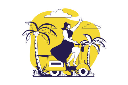 Travelling web concept with flat people for website design. Woman going on summer vacation, riding scooter and relaxing at tropical island with tree palms near ocean or sea coast. Vector illustration.のイラスト素材