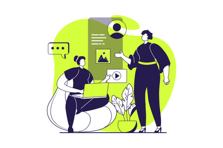 UI and UX designers web concept with flat people for website design. Women work in team, creating site interface, engineering mobile applications template, fixing prototypes. Vector illustration.のイラスト素材