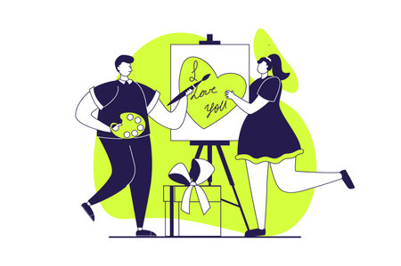 Valentines Day web concept with flat people for website design. Man giving romance gift, painting picture to woman. Couple going on date together, celebrating romantic holiday. Vector illustration.のイラスト素材