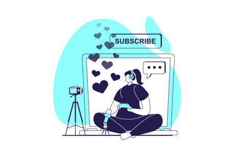 Video streaming web concept with flat people for website design. Woman gaming and broadcasting online using camera and microphone, recording video with playing for followers. Vector illustration.のイラスト素材