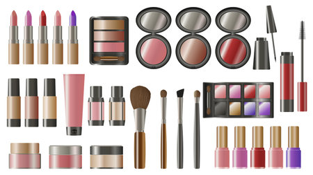Cosmetics makeup with different color swatches graphic elements set. Collection of lipsticks, blush, eyeshadow palette, mascara, brushes, nail polishes, skin foundations, more. Vector illustration.のイラスト素材