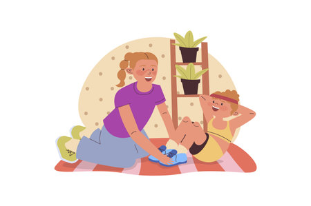 Family sport concept with cartoon people for web design. Mother and daughter doing exercises together at home, practising different workouts, developing strong body and energy. Vector illustration.のイラスト素材