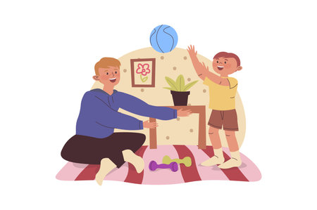 Family sport concept with cartoon people for web design. Father and son doing exercises together at home, training with dumbbells, playing with ball and enjoying team game. Vector illustration.のイラスト素材