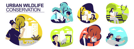 Urban wildlife conservation concept set for web design. Collection with people supporting squirrels, raccoons, deers, hedgehog in city ecosystem, feeding ducks and other birds. Vector illustration.のイラスト素材
