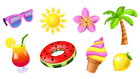 Summer elements concept of 3D illustration set for modern web design. Collection with cute glossy...