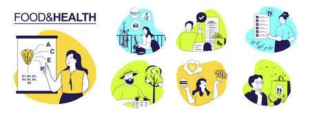 Food and Health concept set for web design. Collection with people plan healthy diet, dietitian research nutrients, shopping in grocery with lists, choosing vegetables and fruits. Vector illustration.のイラスト素材