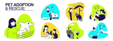 Pet adoption and rescue protection concept set for web design. Collection with people saving dolphins, taking to home cats and dogs from shelters, protect and caring other animal. Vector illustration.のイラスト素材