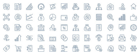 Taxes accounting web icons set in line stroke design. Outline pictogram pack of money, currency exchange, banking, payment, balance report, calculating, invoice, savings, more. Vector illustration.のイラスト素材