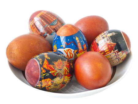 Isolated seven Easter eggs on a saucerの写真素材