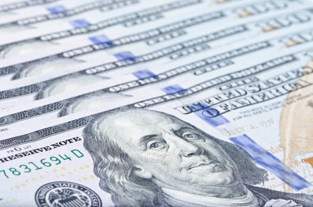 Macro shot of Benjamin Franklin 100 dollar bill, shallow depth of field