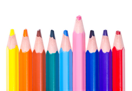 Not sharpened colored pencils, pink is not in row, shallow depth of fieldの写真素材