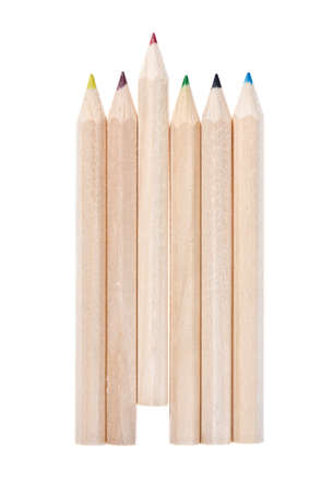 Wooden pencils laid out in a row on white background, red stands out from otherの写真素材