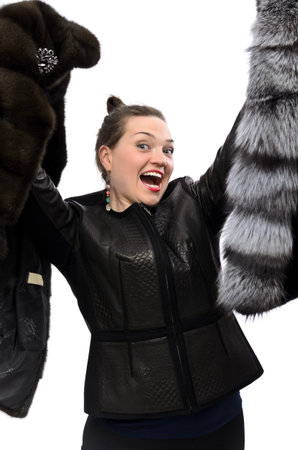 Beautiful winter girl in fur. Isolated photo.