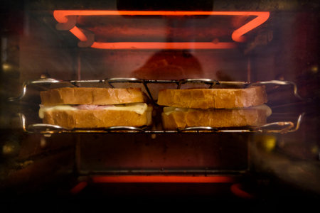 Toast in the oven behind the glass, a small depth of field