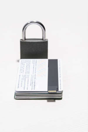 Barn lock on isolated Bank cards close-up, shallow depth of fieldの写真素材