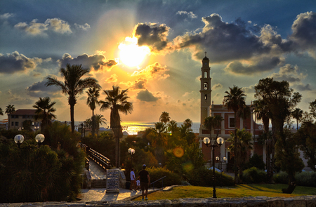 Panorama of old Jaffa at sunset eveningの写真素材
