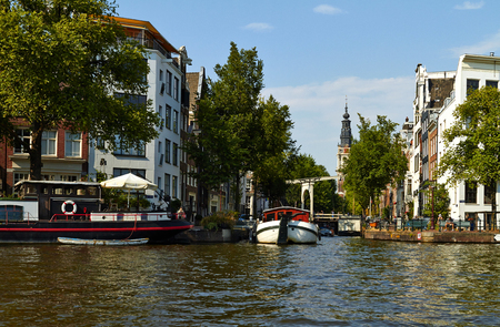 Canals and boats of Amsterdam. Holland July 2018のeditorial素材