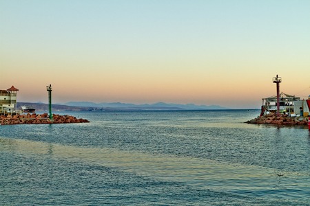 View of the Eilat Bay with yachts at sunset. September 2018の写真素材