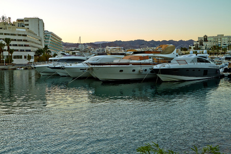 View of the Eilat Bay with yachts at sunset. September 2018のeditorial素材