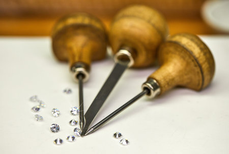 Jewelry production. Tool for fixing diamonds on a white background with diamonds.