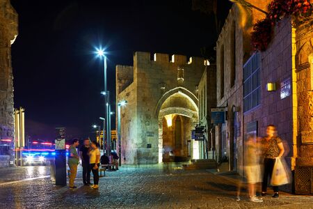 View of the Jaffa Gate in Jerusalem. The old gate has the shape of a medieval gate tower with an L-shaped entryway, which was secured at both ends with heavy doors.のeditorial素材