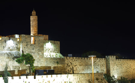 View of the King David s tower in Old Jerusalem city at night with illumination