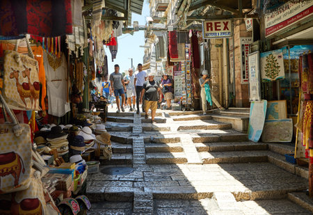 Jerusalem, Israel - July 10, 2019: All the colors, tastes and flavors of the Middle East tourists can find in Arab Bazaar on King David's streetのeditorial素材