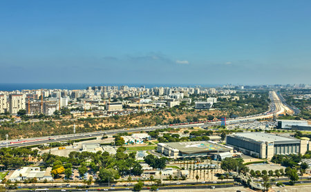Panorama of Tel Aviv with a view of the North Tel Aviv Areas and the sea from a balloonの写真素材