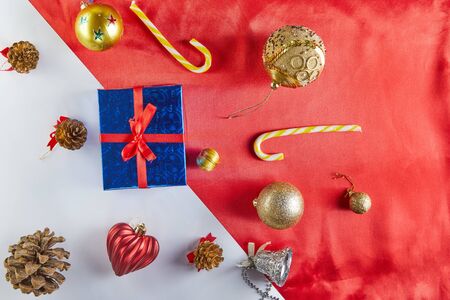 Merry christmas and happy new year concept. Flat lay of christmas accessories. Xmas Tree decorations and copy space for your text.の写真素材