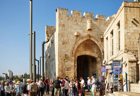 Jerusalem, Israel -October 21, 2019: View of the Jaffa Gate in Jerusalem. The old gate has the shape of a medieval gate tower with an L-shaped entryway, which was secured at both ends with heavy doorsのeditorial素材
