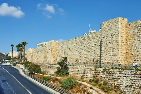 Jerusalem, Israel - October 21, 2019: The walls of the old city in Jerusalem, near the Jaffa Gateのeditorial素材