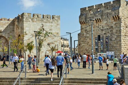 Jerusalem, Israel -October 21, 2019: View of the Jaffa Gate in Jerusalem. The old gate has the shape of a medieval gate tower with an L-shaped entryway, which was secured at both ends with heavy doorsのeditorial素材